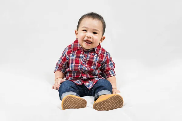 Leuke Maanden Kleine Aziatische Baby Jongen Casual Outfit Baby Laarzen — Stockfoto