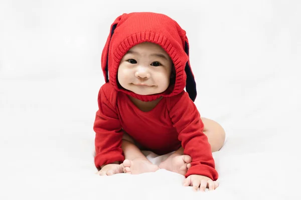 Happy Infant Baby Boy Toddler Red Bodysuit Knitted Hat Rabbit — Stock Photo, Image