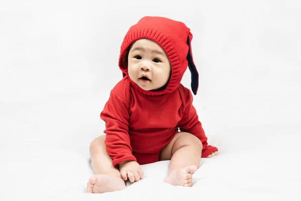 Happy Infant Baby Boy Toddler Red Bodysuit Knitted Hat Rabbit — Stock Photo, Image