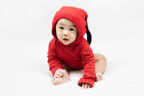 Happy Infant Baby Boy Toddler Red Bodysuit Knitted Hat Rabbit — Stock Photo, Image