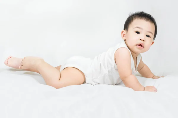 Side View Cute Asian Baby Boy Lying Bed White Blanket — Foto de Stock