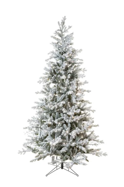 Yapay Noel karlı ağacı beyaz arkaplanda izole edilmiş