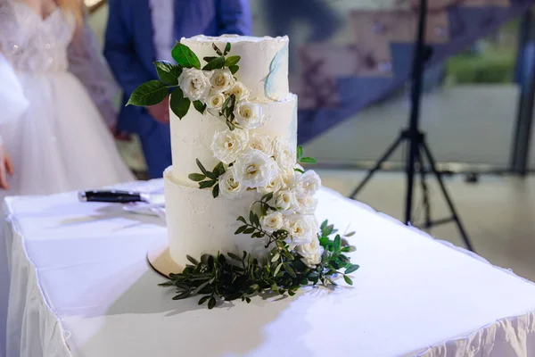 美丽的婚礼蛋糕装饰着玫瑰 图库图片