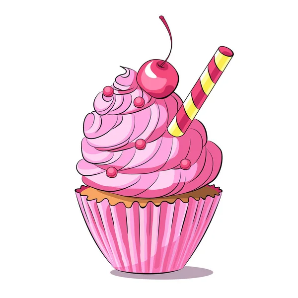 Cupcake vector illustration isolated on white background, cherry muffin clip art — Stock Vector