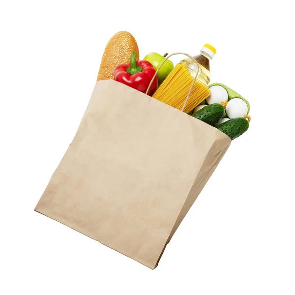 Healthy nutrition in mock up paper bag isolated on white background. Concept of Zero waste, eco-friendly shopping, food donation, food delivery. — Stock Photo, Image