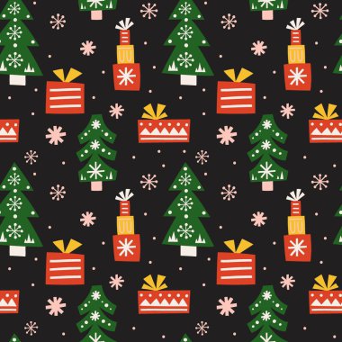 Kusursuz bir Noel deseni. Elle çizilmiş İskandinav Xmas geçmişi, karikatür etnik kış tatilleri, geleneksel ağaç hediyeleri ve oyuncaklar. Dekoratör tekstil, duvar kâğıdı vektör baskısı veya kumaş ambalajı