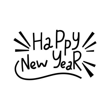 Yeni yılın kutlu olsun. El çizimi metin. Kış tatili dekorasyonu, siyah siluet, kartpostal ya da poster, pul ya da davetiye kartı, vektör el yazısıyla izole edilmiş illüstrasyon