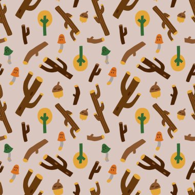 Sonbahar ormanı pürüzsüz desen. Siyah çizgili el, İskandinav tarzı dal, meşe palamudu ve mantar çizdi. Scandi tasarımı, çocuk yuvası. Dekoratör tekstil, duvar kâğıdı vektör baskısı veya kumaş ambalajı