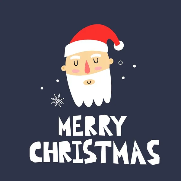 Noel Baba portresi. Noel karakteri. Şirin xmas yüz ve kar tanesi, kış tatili dekoru, kartpostal, baskı veya poster mavi arka plan, harf vektör karikatürü izole kart