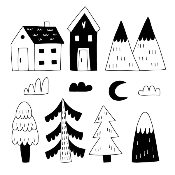 Doodle Montagnes Maisons Arbres Ligne Noire Dessinée Main Paysage Forestier — Image vectorielle