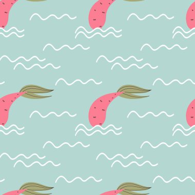 Çizgi filmlerdeki kusursuz denizkızı deseni. Küçük tatlı su altı karakteri, balık kuyruklu prenses, fantezi yaratığı, çocuk masalı kızı. Dekor tekstili, ambalaj kağıdı, vektör baskısı veya kumaş