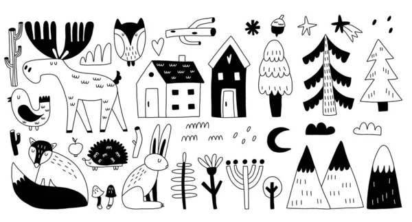 Doodle Animais Floresta Linha Desenhada Mão Estilo Escandinavo Impressão Preto —  Vetores de Stock
