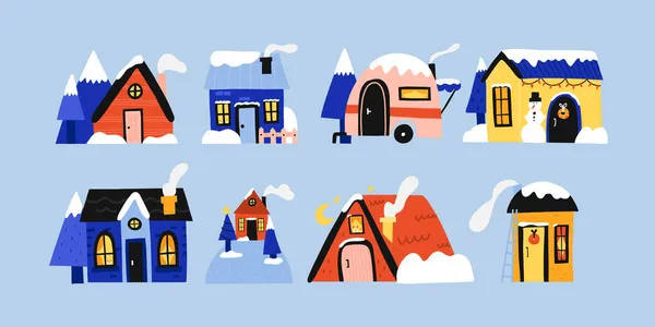 Winter Houses Cute Homes Snow Forest Cottages Townhomes Snowy Roofs — Stock Vector