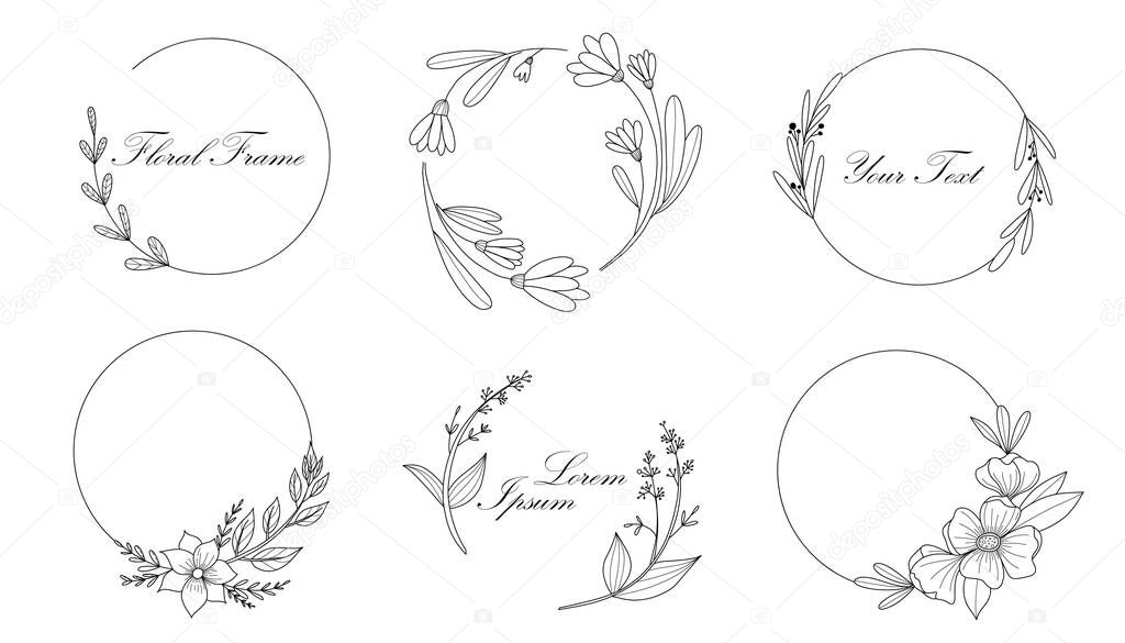 Botanical circle frame. Hand drawn round line border, leaves and flowers, wedding invitation and cards, logo design and posters template. Elegant minimal style floral vector isolated set