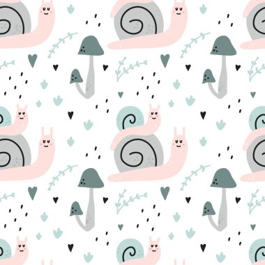 Tatlı salyangozlar. El Şafağı Bahçesi karakterleri botanik unsurlar, pastel renkler, bebek dekorları, çocuk odası ve giysileri. Dekoratör tekstil, duvar kâğıdı vektör baskısı veya kumaş ambalajı