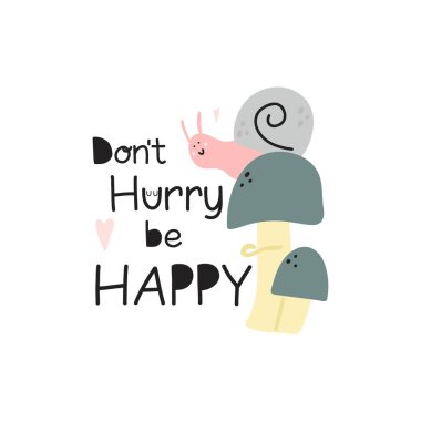 Mantarlı tatlı salyangoz. El Şafağı Bahçesi karakterinin harfleri, ilham cümlesi, pastel renkler, bebek posteri ya da tişört baskısı, çocuk odası ve kıyafetleri, vektör karikatürü düz izole çizimler