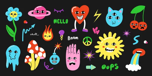 Komik karakterler. Yüzleri, parlak emojisi, el yazısı, gözleri, kalbi, hippi işareti, zehirli mantar izole edilmiş, vektör çizimi olan saykodelik 80 'ler nesneleri.