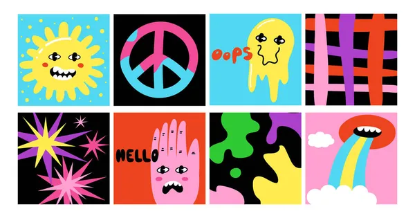 Plakaty Komiksami Psychodeliczny 80S Obiektów Kwadratowy Druk Kolekcji Jasny Emoji — Wektor stockowy