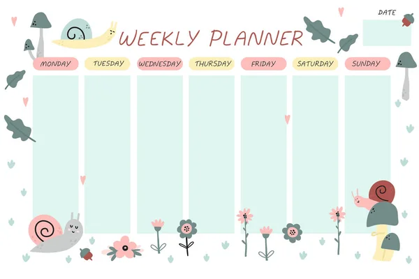 Weekly Planner Cute Snail Cartoon Notebook Sheet Template Poster Kids — Stock Vector