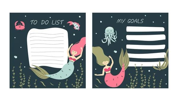 Planificador Hoja Cuaderno Dibujos Animados Sirena Para Hacer Lista Metas — Archivo Imágenes Vectoriales