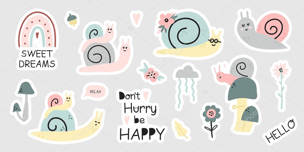 Cute snails stickers. Hand dawn garden characters with weater symbols and phrases, pastel colors, baby decor, kids stationery, vector cartoon flat isolated illustration