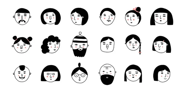 Doodle Leute Handgezeichnete Niedliche Männer Und Frauengesichter Avatarsammlung Der Social — Stockvektor