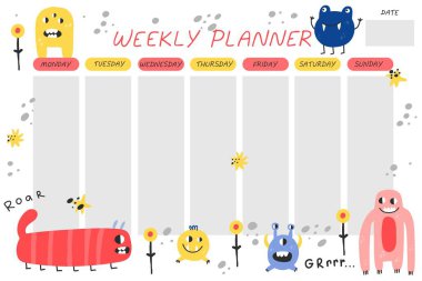 Weekly planner. Cute monsters cartoon notebook sheet template, poster for kids, mutants or aliens spooky character childish stationery design, pastel colors, vector comic flat isolated concept clipart