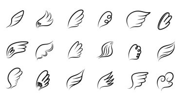 Kanatlar. El çizimi kuş ve melek ana hatları elementler. Meleksel amblem, siyah kalem çizimi, simge koleksiyonu, taslak stili tüy vektörü izole