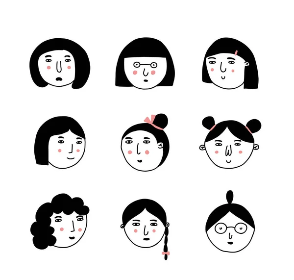 Doodle Emberek Kézzel Rajzolt Aranyos Női Arcok Közösségi Média Felhasználó — Stock Vector