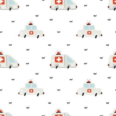 Tıbbi araç pürüzsüz. El yapımı ambulans otomobili, şehir acil taşımacılığı, çocuksu çizgi film koleksiyonu. Dekor tekstili, ambalaj kağıdı, vektör baskısı veya kumaş