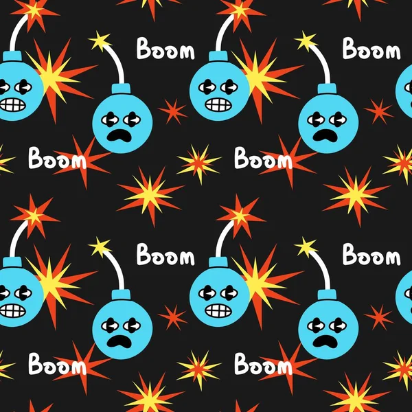 Bomb Comic Explosion Seamless Pattern Black Dynamite Detonation Doodle Style — 图库矢量图片