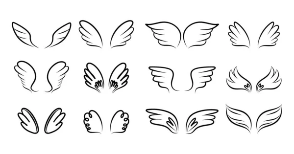 Wings Hand Drawn Bird Angel Outline Elements Angelic Emblem Black — Stock Vector