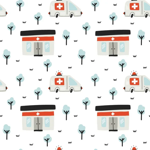Medical car seamless pattern. Hand drawn ambulance automobile, city emergency transport, childish cartoon collection. Decor textile, wrapping paper wallpaper, vector print or fabric