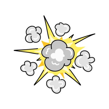 Çizgi roman patlaması. Bomba patlaması, göktaşı düşüşü, duman bulutu ya da alev patlaması. Atomik patlama veya dinamit patlaması, karalama stili, vektör çizgi filmi el çizimi renk izole tek illüstrasyon