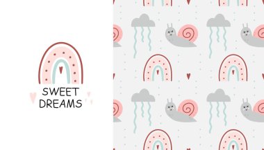 Güzel gökkuşağı izi ve pürüzsüz desen. Tatlı rüyalar, bebek ve çocuksu kıyafetler ve tekstil için pembe ve mavi hava unsuru, tebrik kartı veya poster, vektör karikatür çizimi