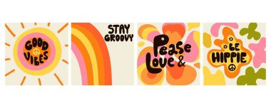 Hippi deyimi, el çizimi hippi mesajı. Motivasyon ve ilham verici alıntılar, klasik yazılar, 70 'lerin nostaljik posterleri veya kartları, tişört baskı vektör çizimleri.