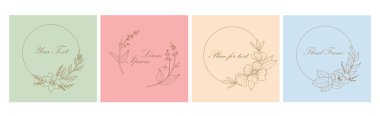 Botanik dairesi çerçevesi. El çizimi yuvarlak sınır, yapraklar ve çiçekler, düğün davetiyesi ve kartlar, logo tasarımı ve poster şablonu. Zarif minimal stil çiçek vektörü izole