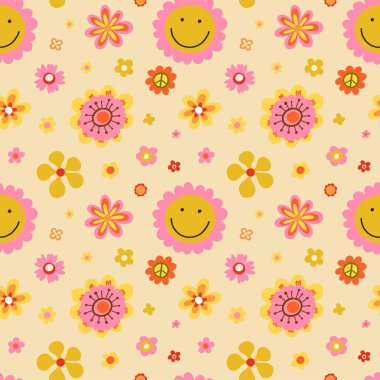 Hippi çiçeği pürüzsüz desen. Hippi tarzı çiçekler, eski moda arka plan, 60 'lar ve 70' ler soyut, parlak renkler çocuksu şirin dekorlar. Dekor tekstili, ambalaj kağıdı, vektör baskısı
