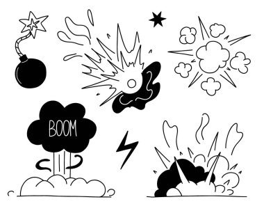 Çizgi roman patlaması. Bomba patlaması, göktaşı düşüşü, duman bulutu ve ateş patlaması. Atom patlaması veya dinamit patlaması, siyah elementler karalama stili, vektör çizgi filmi el çizimi izole illüstrasyon