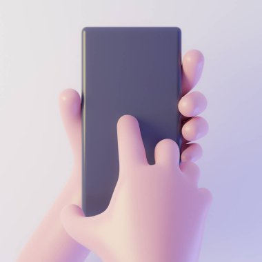 Dikey akıllı telefondan tut. Cep telefonunun fotokopi alanı ile dikey konseptini göster. 3d oluşturma