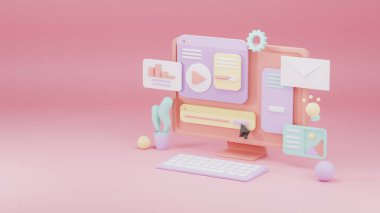 3D Web Tasarımı. Sayfaları açık bilgisayar. Web için sayfa şablonu indiriliyor. 3B Hazırlama