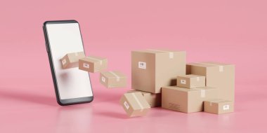 Paket teslimatı. Hızlı teslimat hizmeti kavramı. 3B görüntüleme