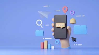 Akıllı telefon, element simgesi, sohbet ve mesaj konsepti. 3B görüntüleme