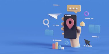 Akıllı telefon ve element simgesi, GPS konumu konsepti. 3B görüntüleme