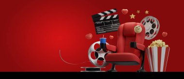 Sinema sinema arka planı kavramı. Fotokopi alanı olan sinema koltuğu film konsepti. 3B görüntüleme