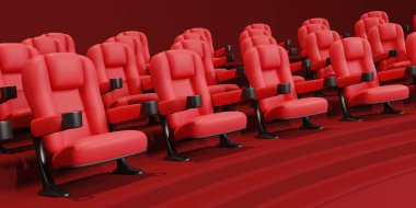 Sinema sinema arka planı kavramı. Fotokopi alanı olan sinema koltuğu film konsepti. 3B görüntüleme