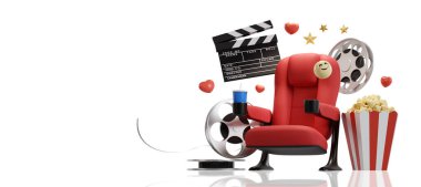 Sinema sinema arka planı kavramı. Fotokopi alanı olan sinema koltuğu film konsepti. 3B görüntüleme