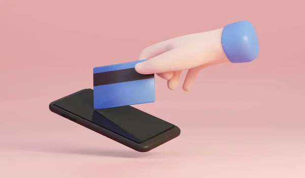 Mão Segurando Cartão Crédito Toque Tela Smartphone Isolado Fundo Renderização — Fotografia de Stock