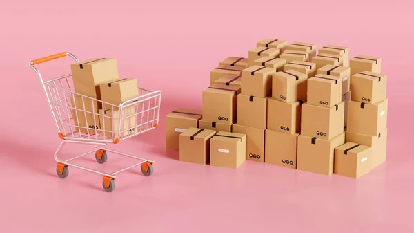 Shopping cart, Delivery boxes on pink background. Delivery concept. 3D rendering