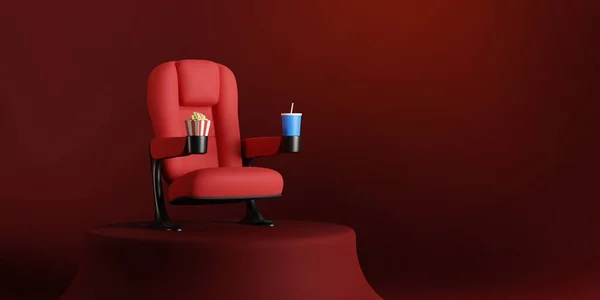 电影院座位单立在红地毯上 购买电影票的概念 电影之夜 3D渲染 — 图库照片